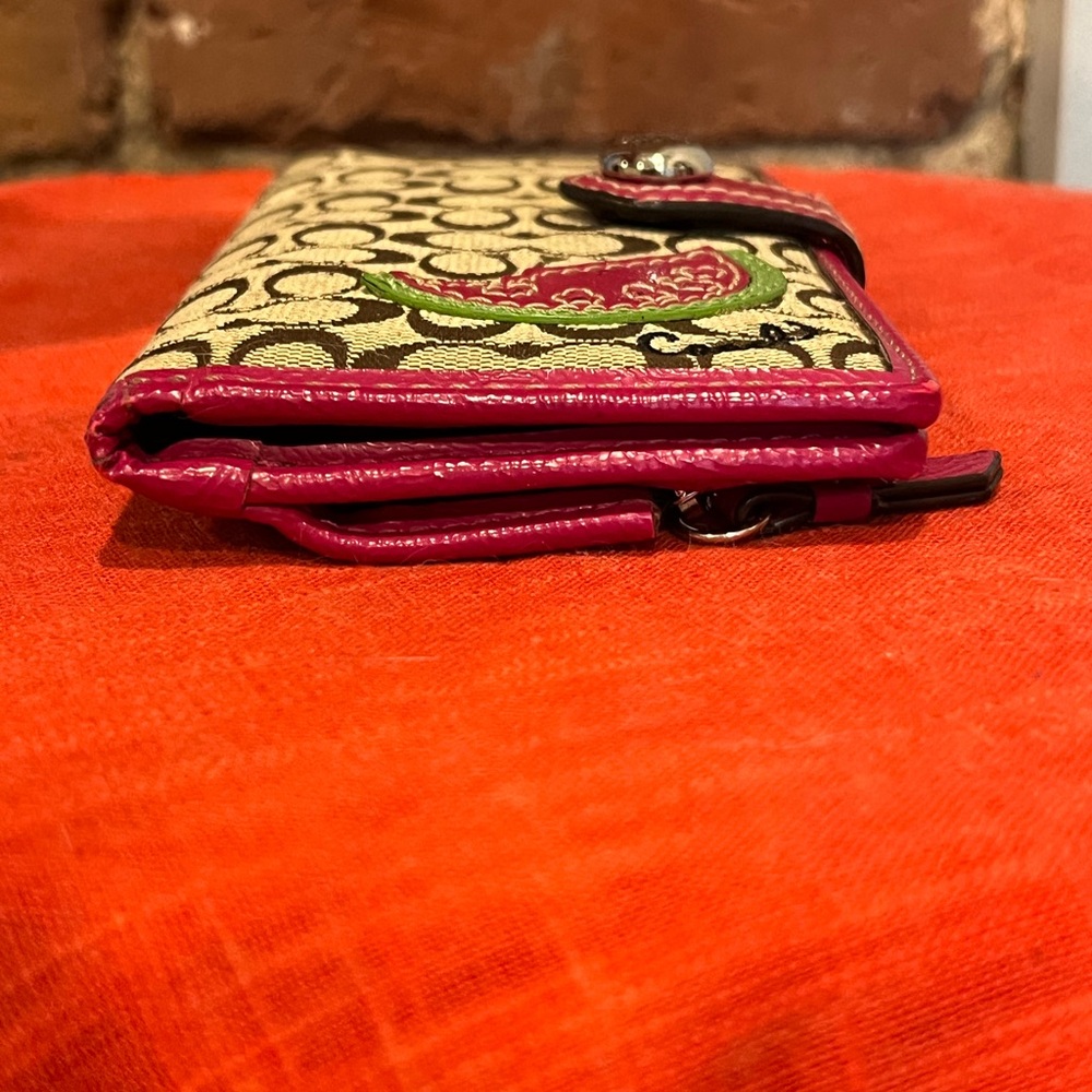 Coach Watermelon Signature Checkbook Wallet Pink Trim Fruit Applique Y2K Rare - Picture 13 of 16